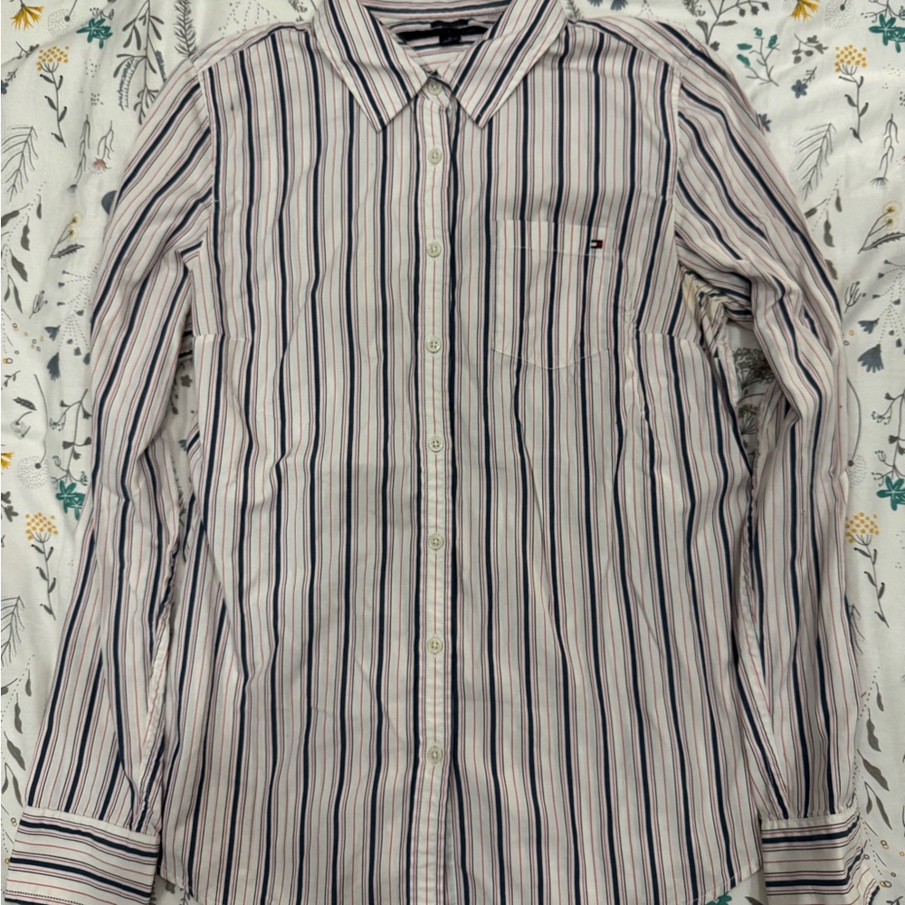 Tommy Hilfiger White and Blue Casual Button Down Shirt
